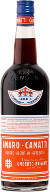 Bottle of Amaro Camatti – Italian herbal digestif liqueur with amber color